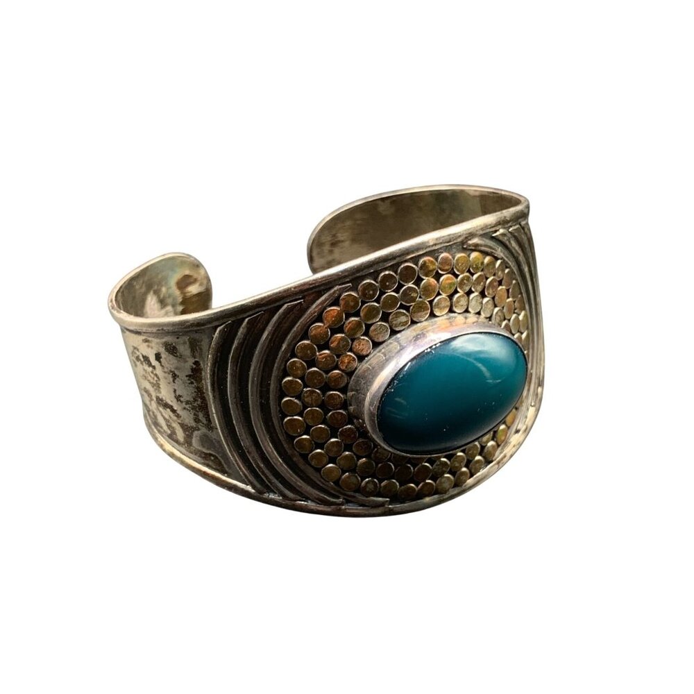 Wide Cuff bracelet Sterling Silver and green semi precious stone bracelet large